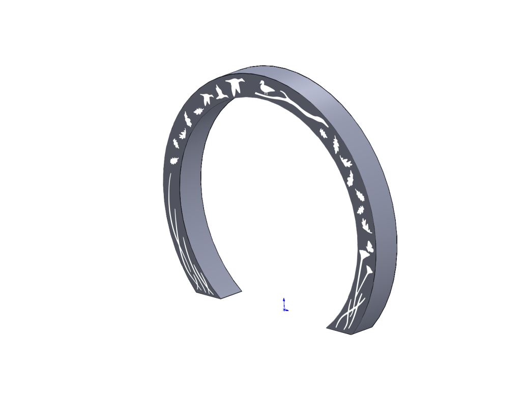 3d mockup of a circle cut off at the bottom with the silhouettes of birds flying, leaves, and grass