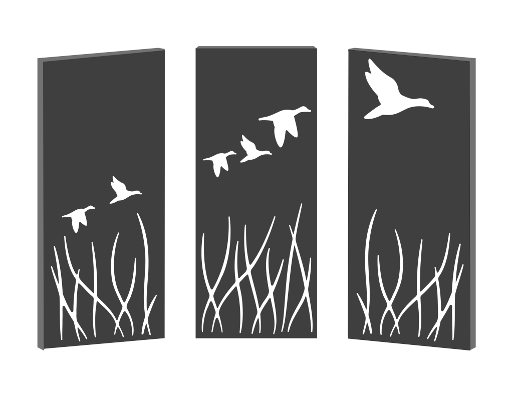 3d mockup of 3 panels with silhouettes of birds flying and grass at the bottom