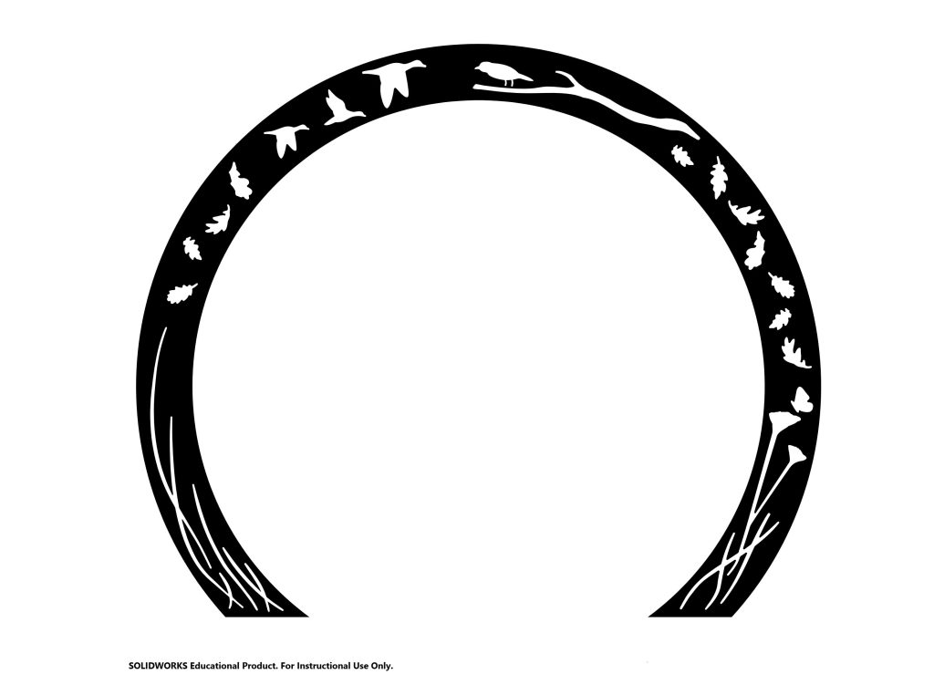 an illustration of a circle cut off at the bottom with the silhouettes of birds flying, leaves, and grass