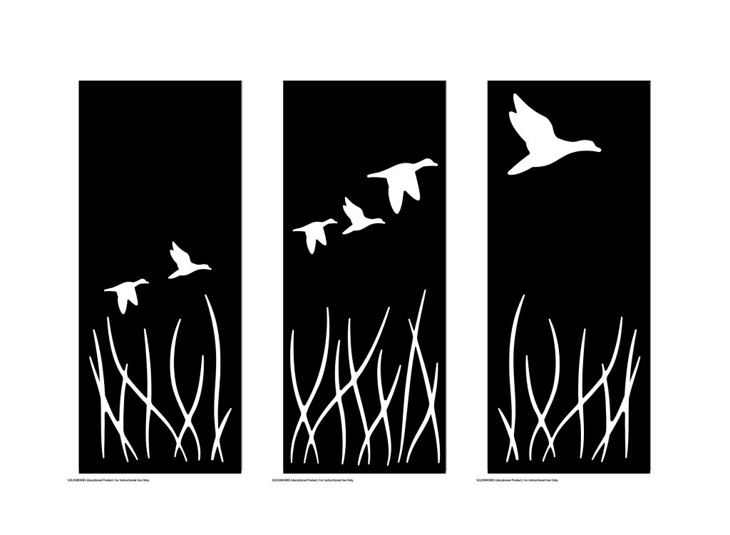 illustration of 3 panels with silhouettes of birds flying and grass at the bottom