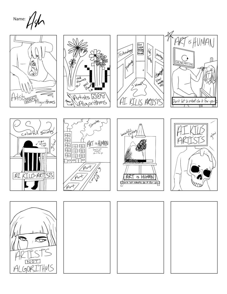 second page of thumbnail rough sketches all depicting the idea that Artificial intelligence kills artists