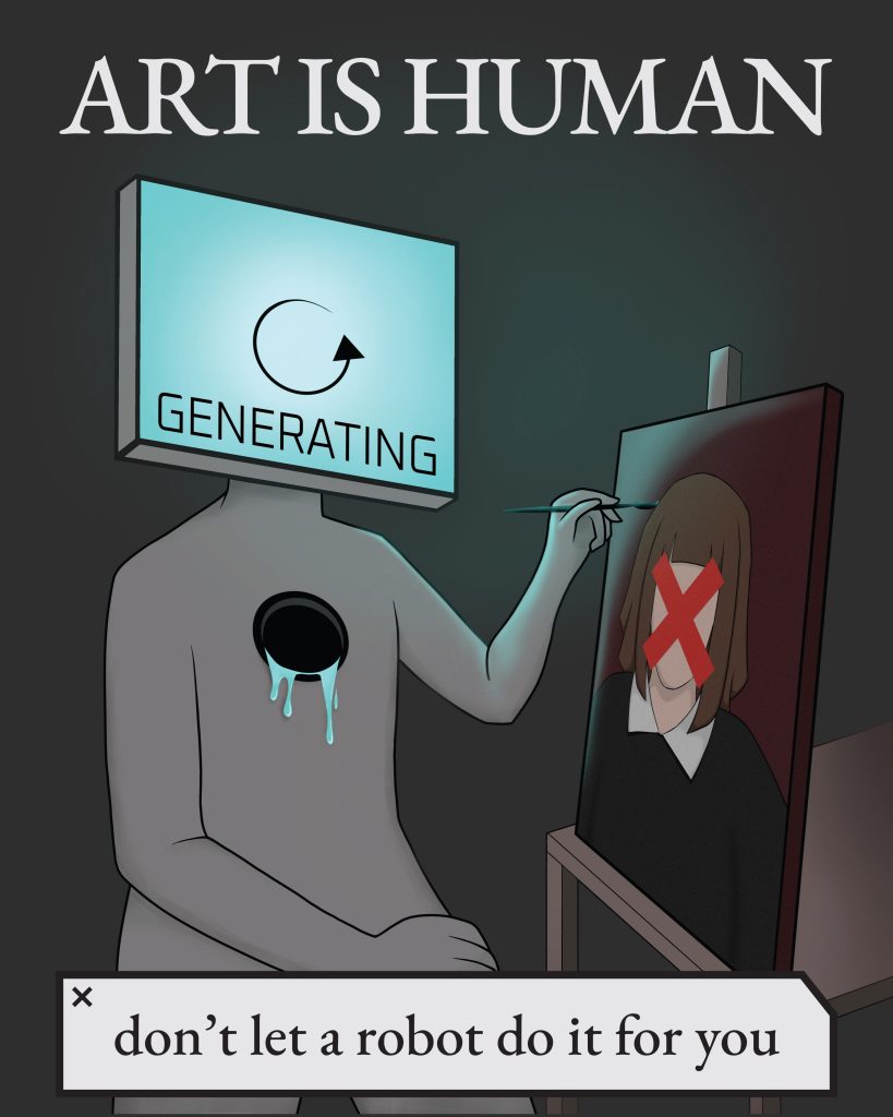colored draft depicting personified AI with a screen head painting a person