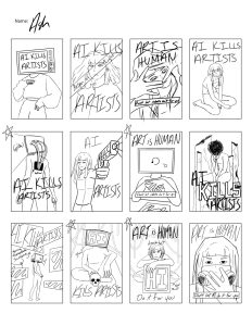 first page of thumbnail rough sketches all depicting the idea that Artificial intelligence kills artists
