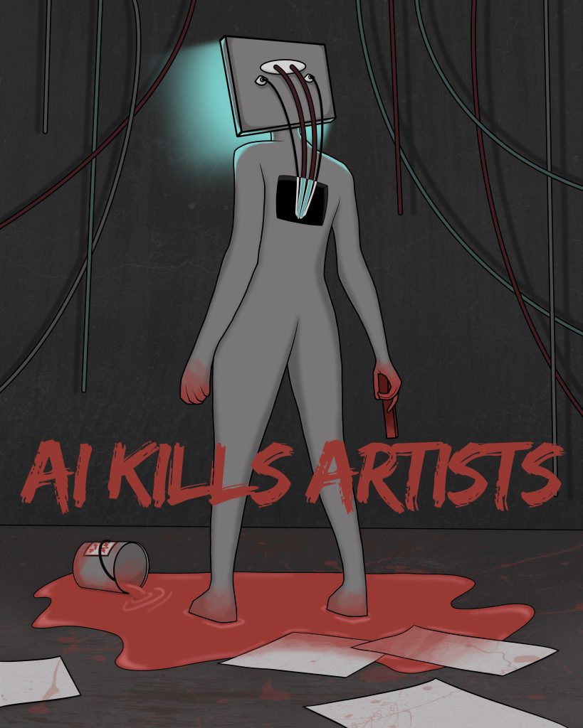 colored draft depicting personified AI with a screen head standing in paint holding a gun
